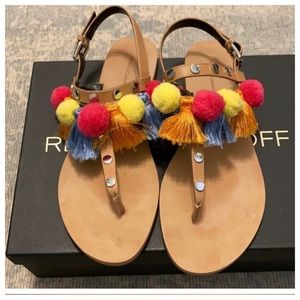 Rebecca Minkoff Estelle Pom Pom Tassel T Strap Slide Flat Buckle Sandal Sz 9 EUC